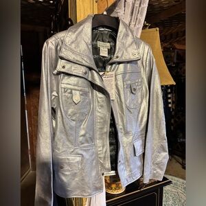 NWT Bradley Bayou Metallic Silver Leather Jacket